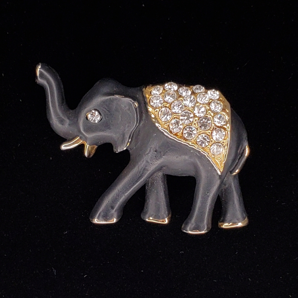 Vintage Unsigned Gold Tone Black Matte Enamel White Rhinestones Elephant Brooch